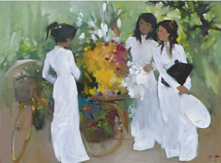 School girls with Flowers painting - 2011 School girls with Flowers art painting